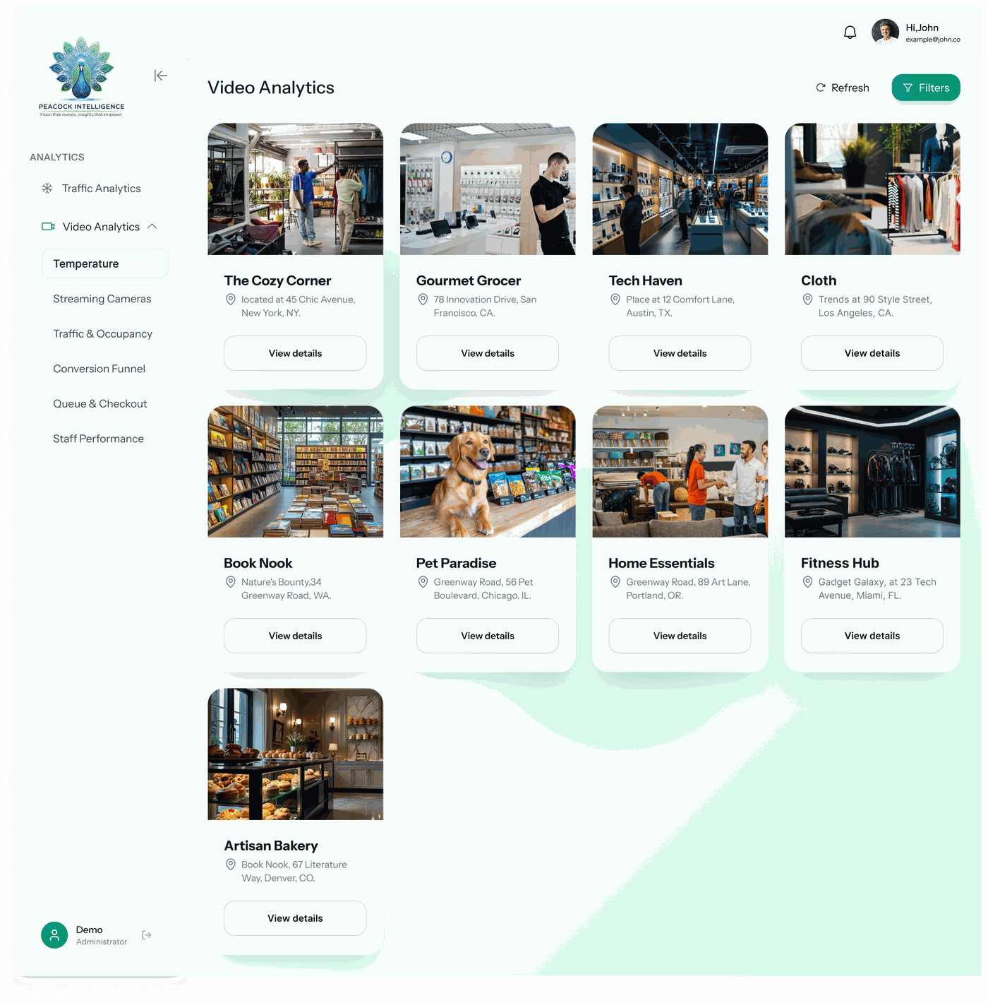 Vigil video intelligence dashboard showing a retail store grid with live AI-derived metrics